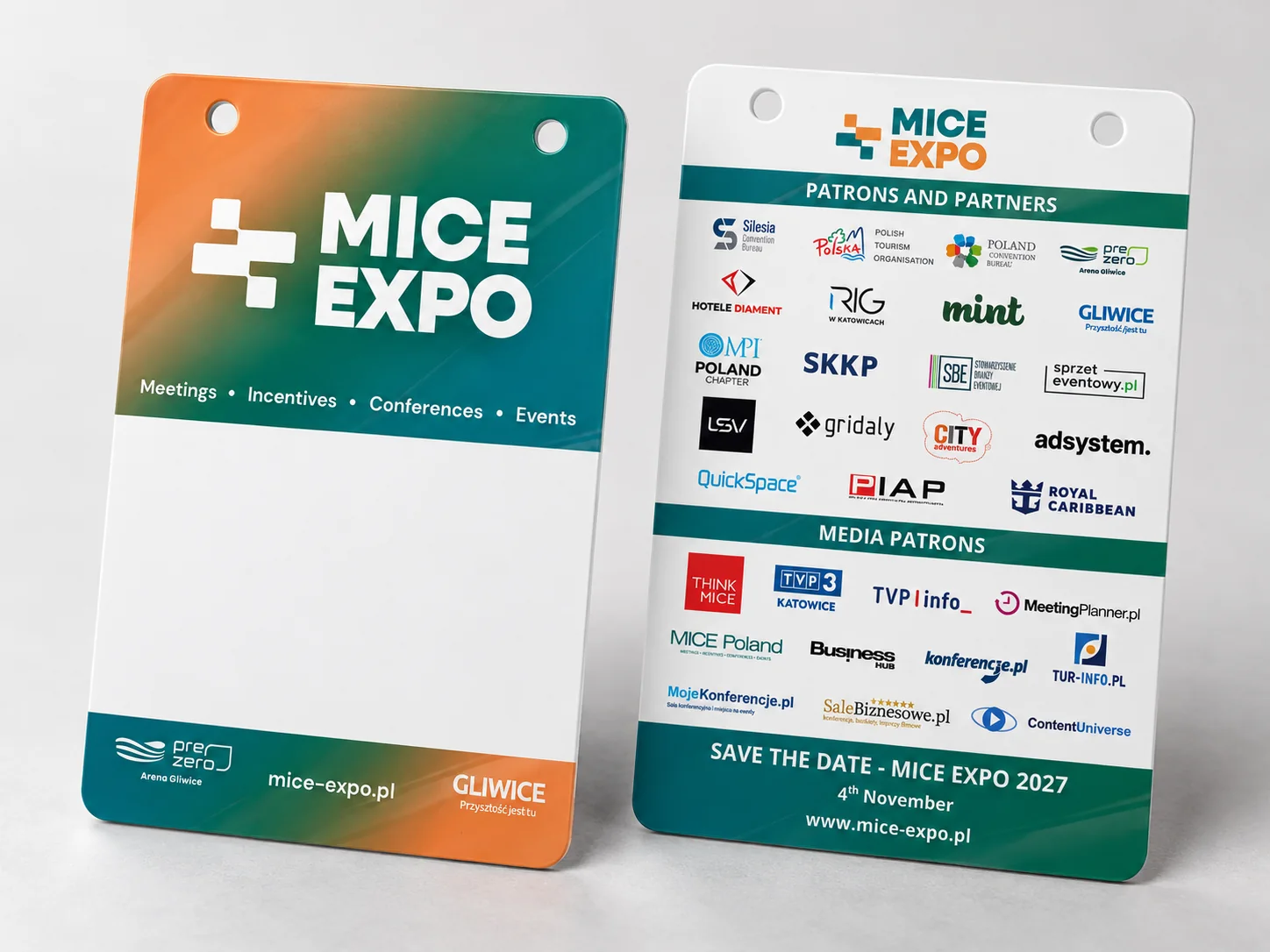 Identyfikatory eventowe MICE EXPO z dziurkowaniem na smycze